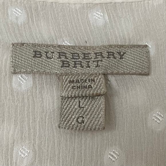 Burberry Brit Top Womens Large Cream Polka Dot Crepe Sheer Pleated Blouse Preppy - Picture 11 of 12
